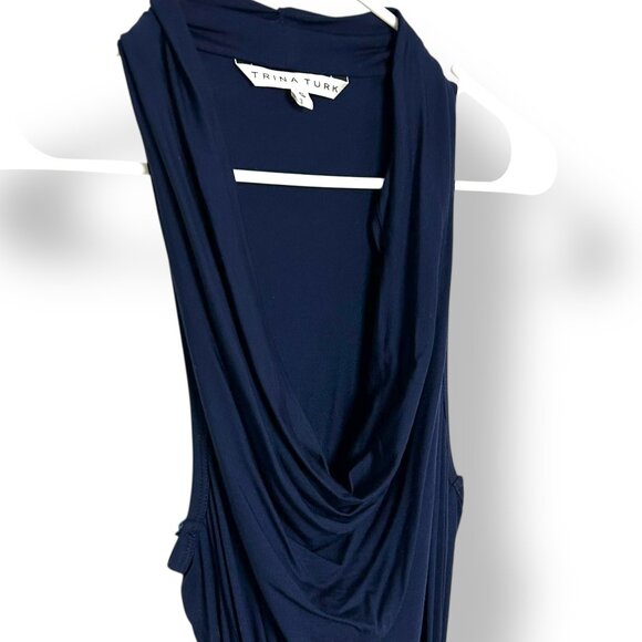 Trina Turk Navy Sleeveless Jersey Short Dress w/ Tie Draped Scoop Neck Sz 0 - Picture 1 of 8